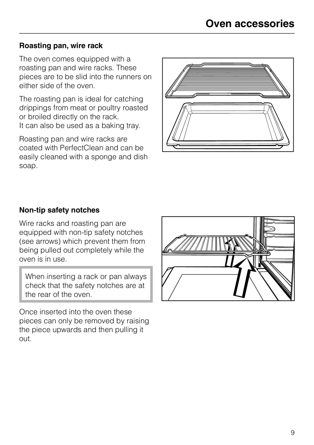 Miele H4780B installation instructions Oven accessories, Roasting pan, wire rack, Non-tip safety notches 