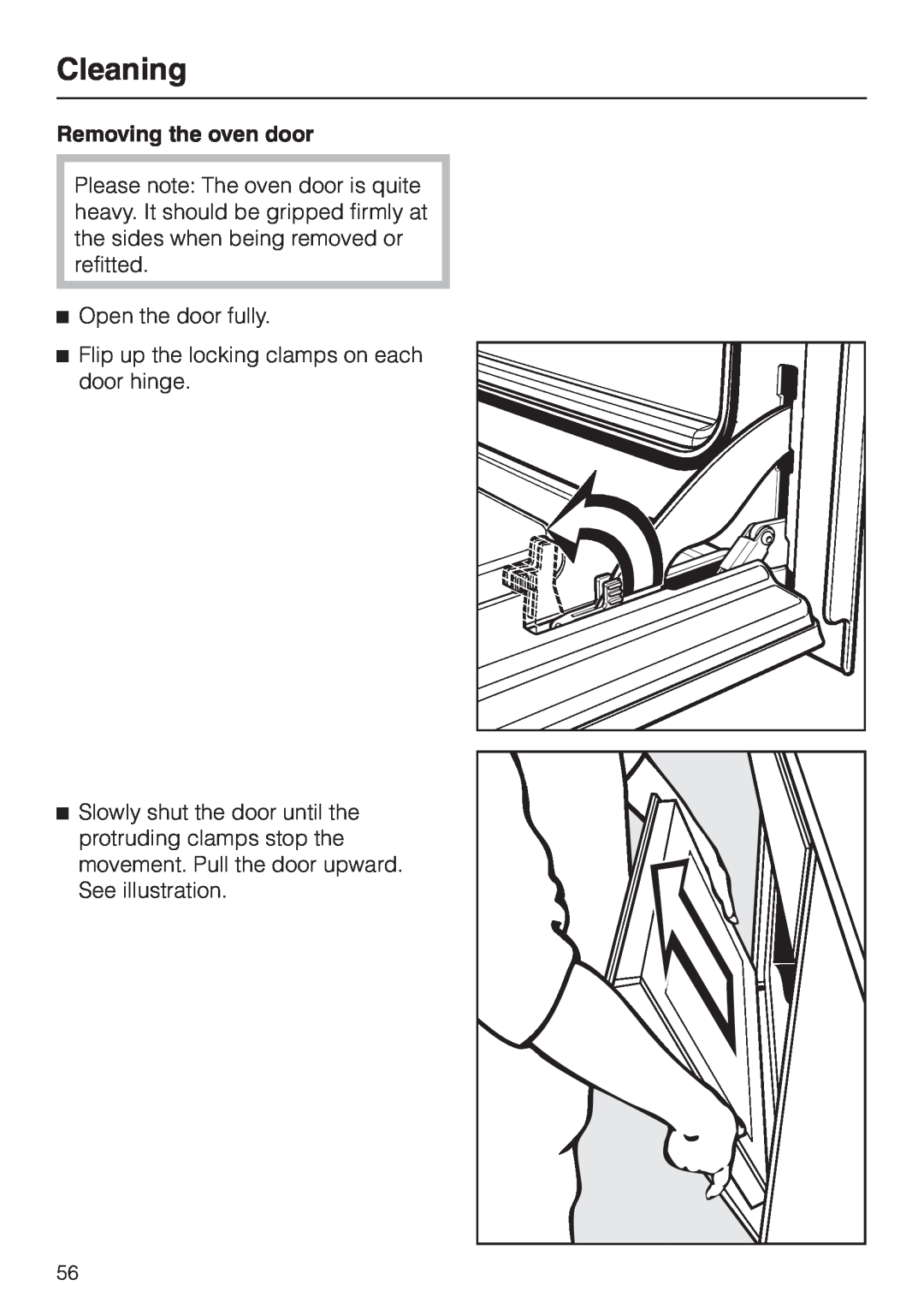 Miele H4780B installation instructions Cleaning, Removing the oven door 