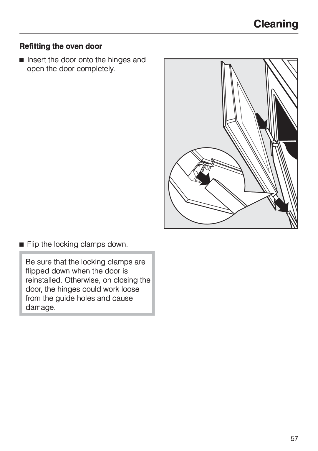 Miele H4780B Cleaning, Refitting the oven door, Insert the door onto the hinges and open the door completely 