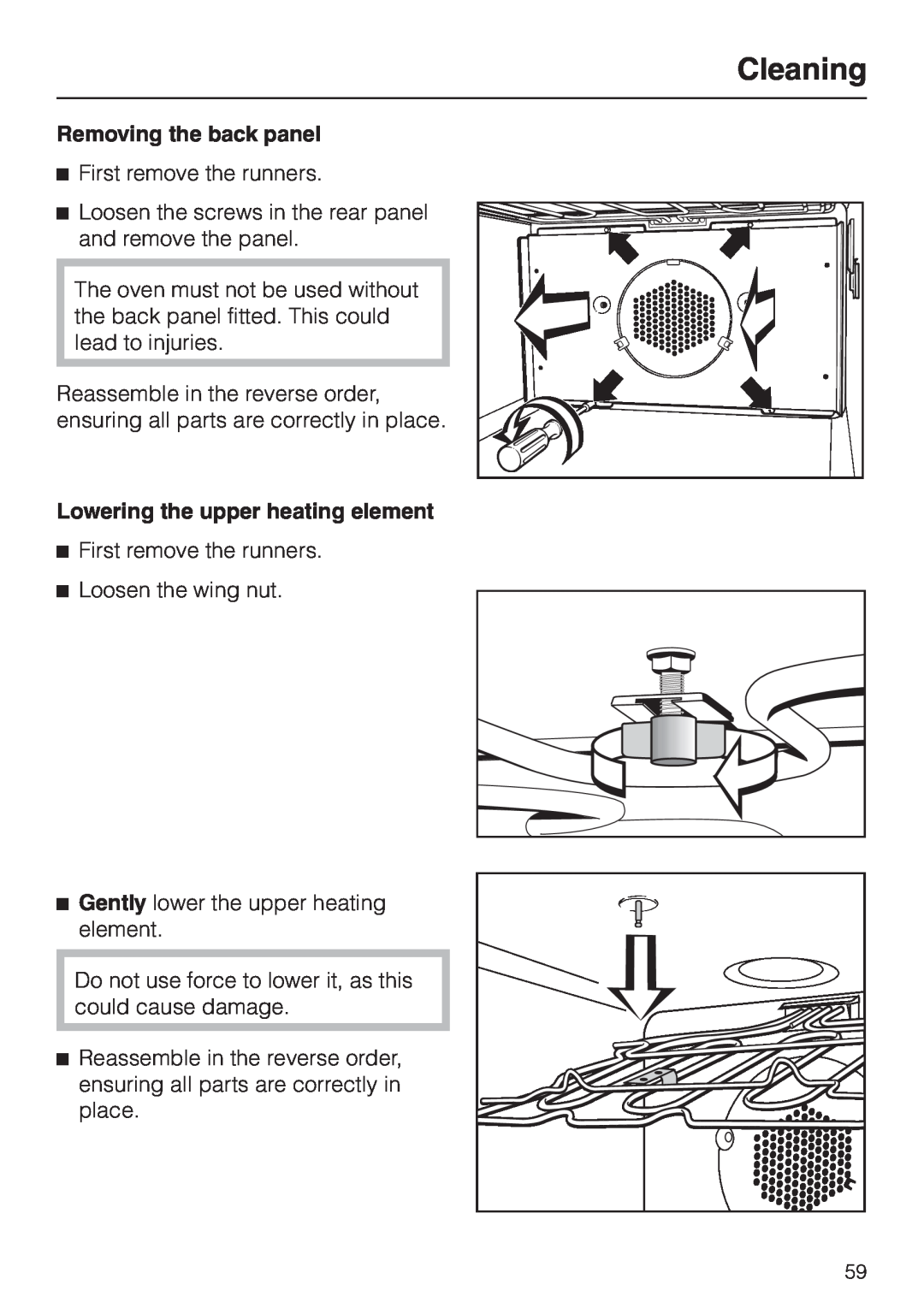 Miele H4780B installation instructions Cleaning, Removing the back panel, Lowering the upper heating element 