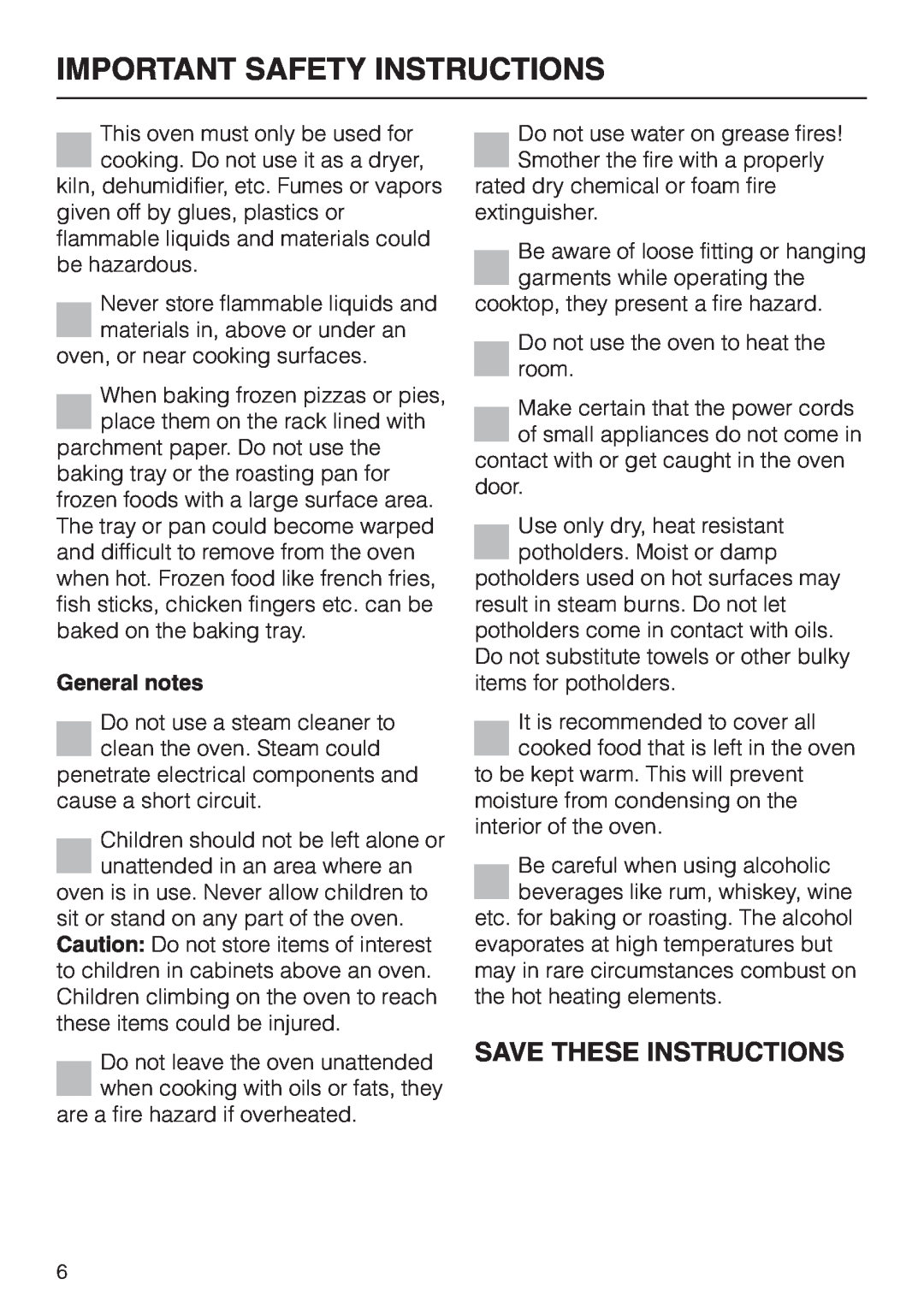 Miele H4780B installation instructions Save These Instructions, Important Safety Instructions, General notes 