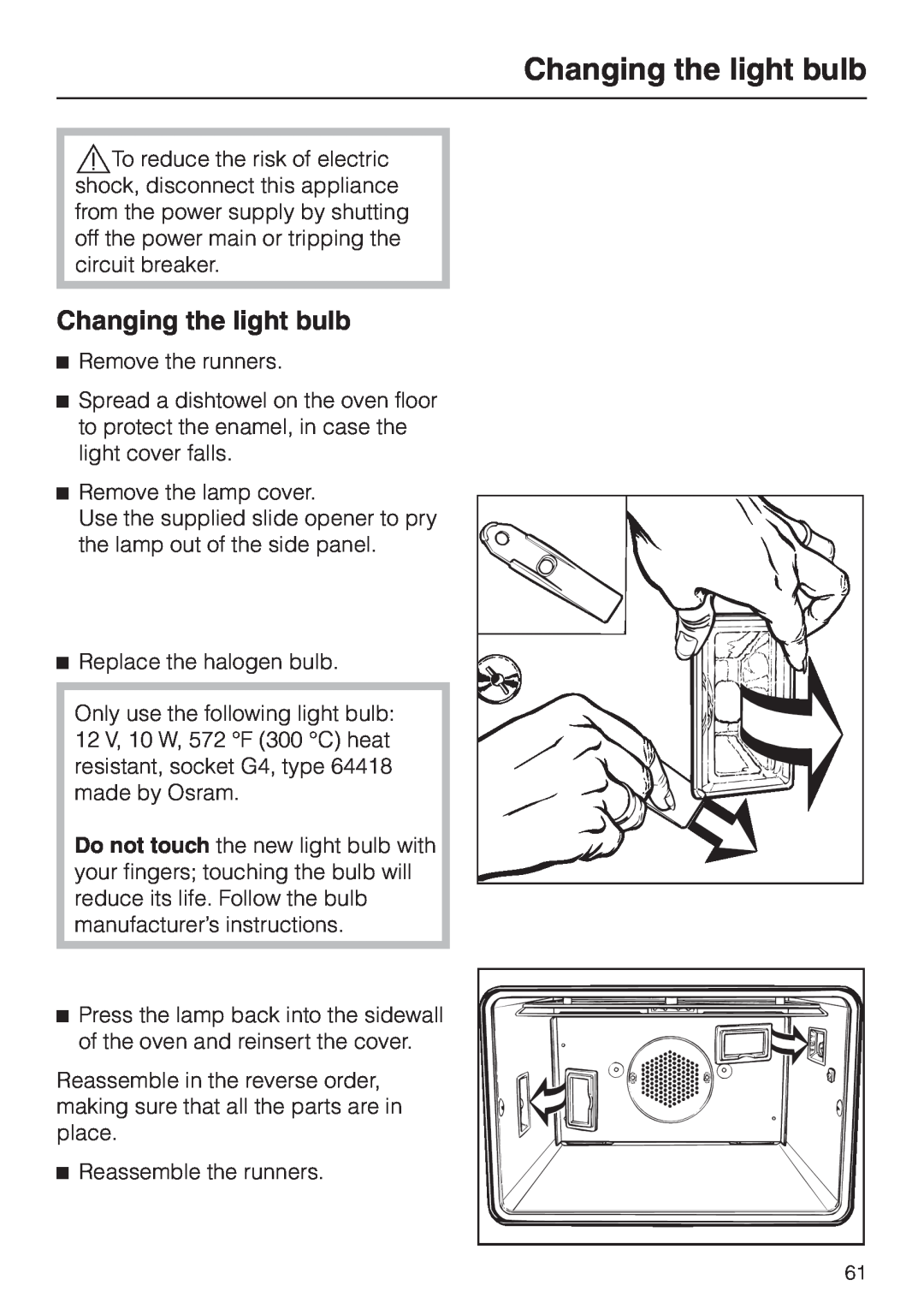 Miele H4780B installation instructions Changing the light bulb 