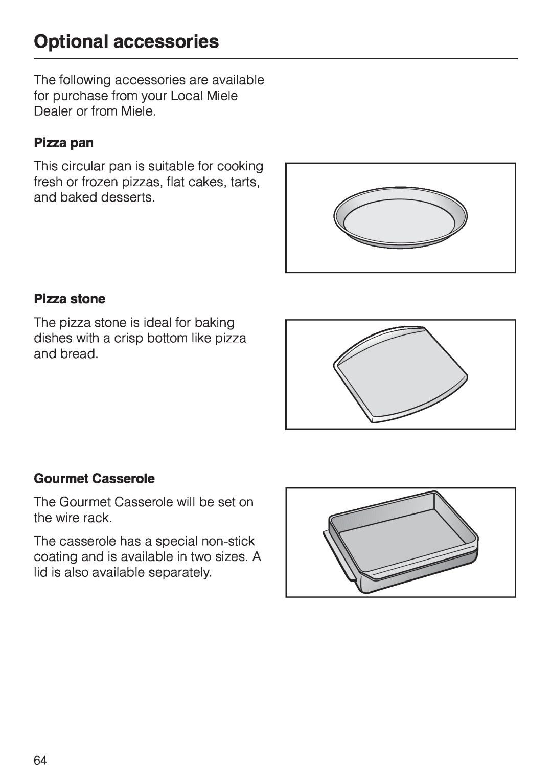 Miele H4780B installation instructions Optional accessories, Pizza pan, Pizza stone, Gourmet Casserole 