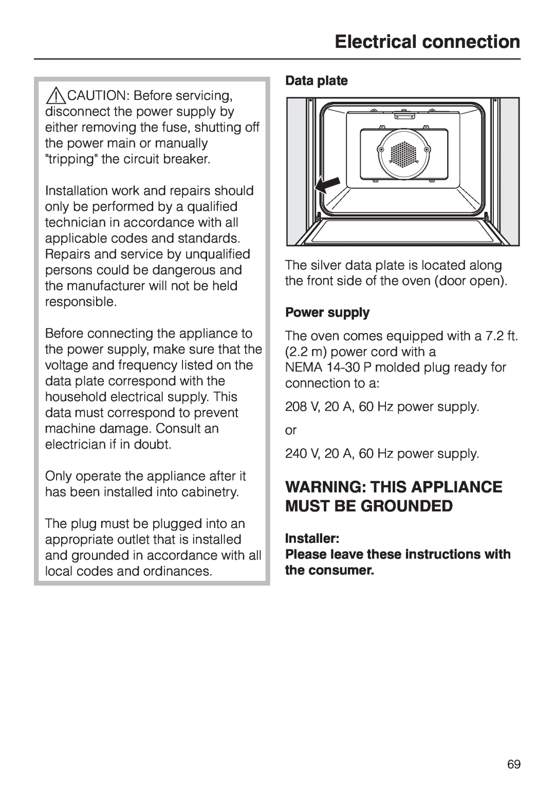 Miele H4780B installation instructions Electrical connection, Warning This Appliance Must Be Grounded 