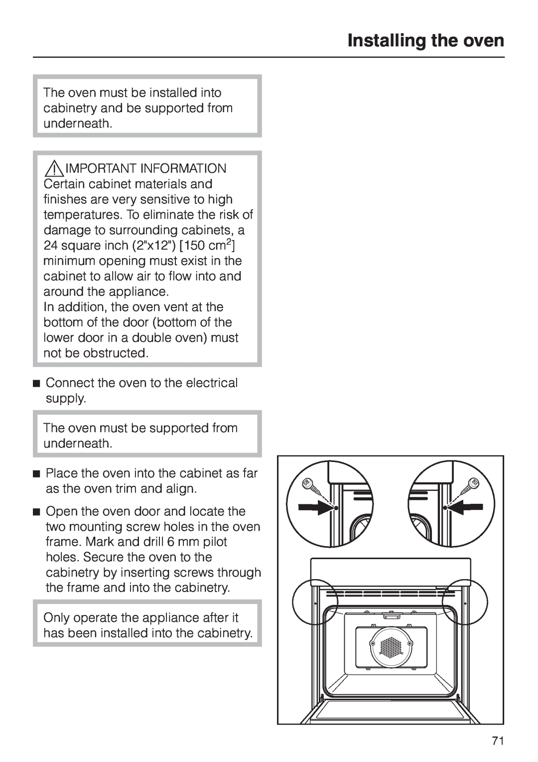 Miele H4780B installation instructions Installing the oven 