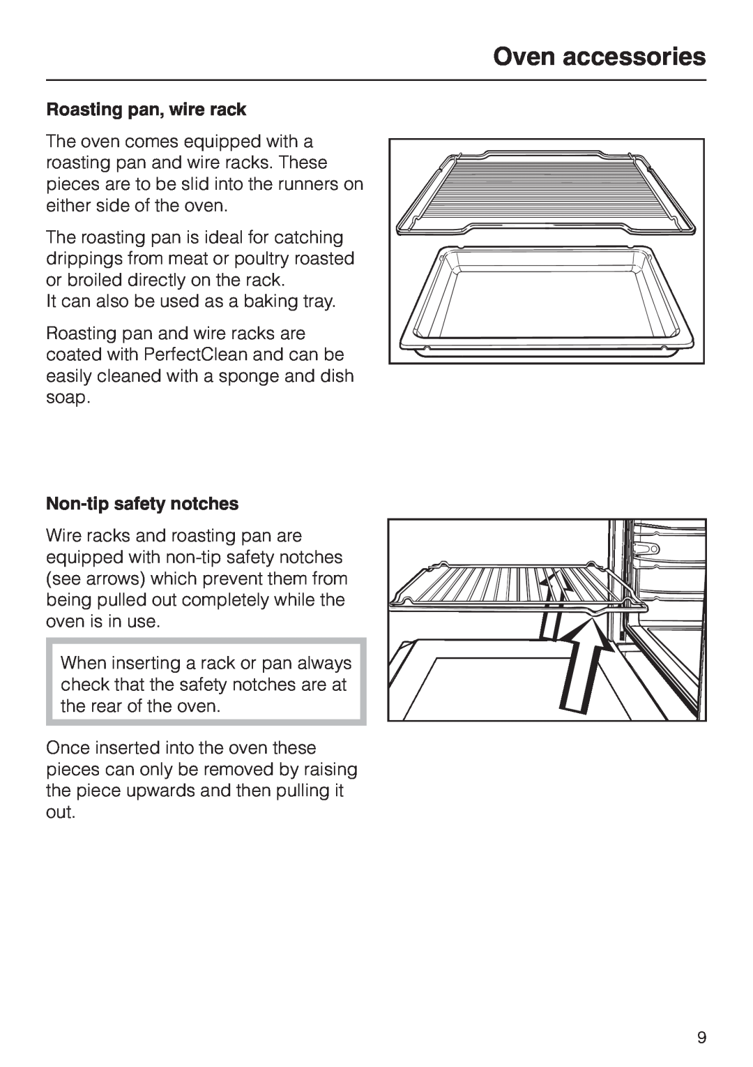 Miele H4780B installation instructions Oven accessories, Roasting pan, wire rack, Non-tip safety notches 