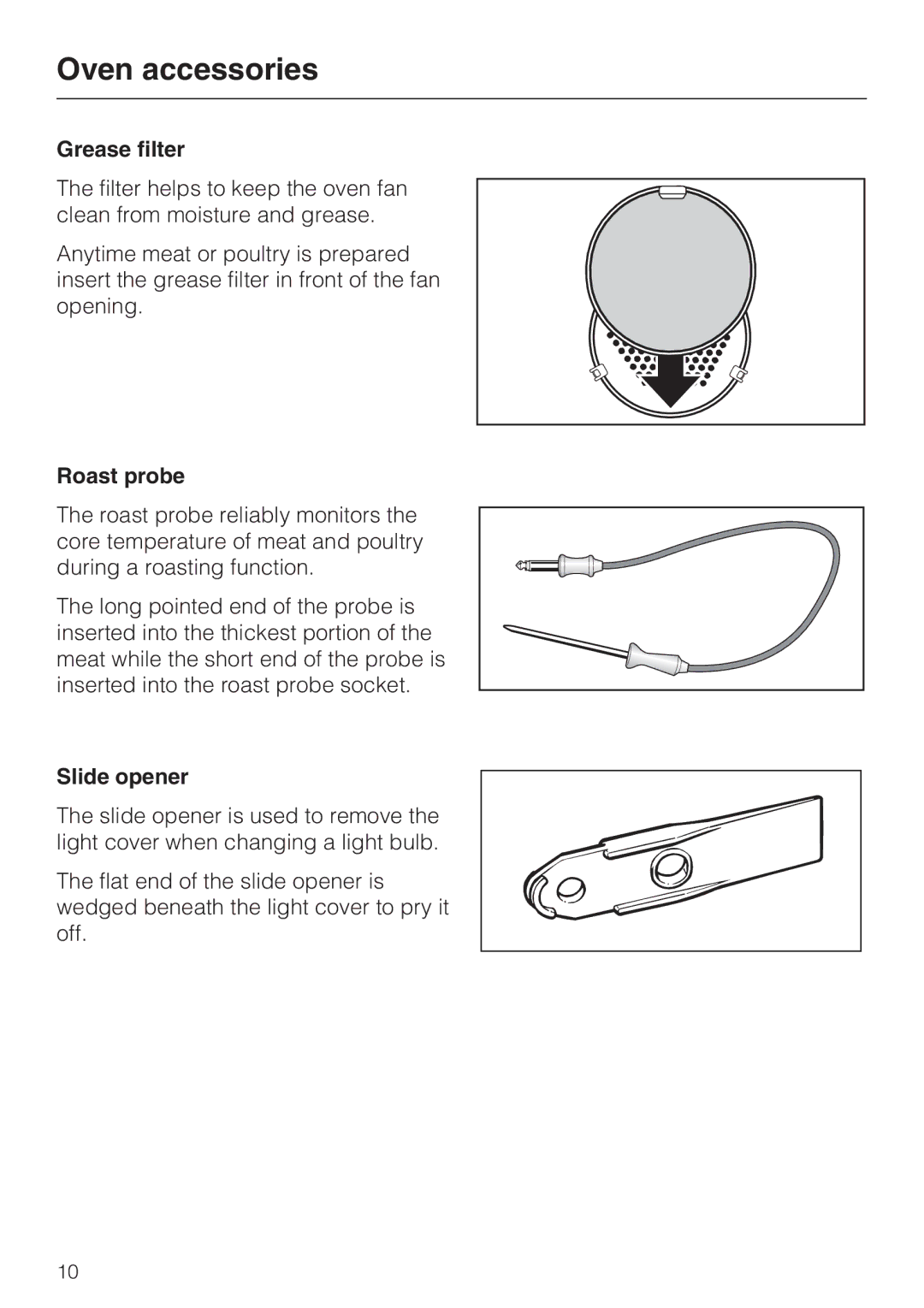 Miele H4780BP installation instructions Grease filter, Roast probe, Slide opener 