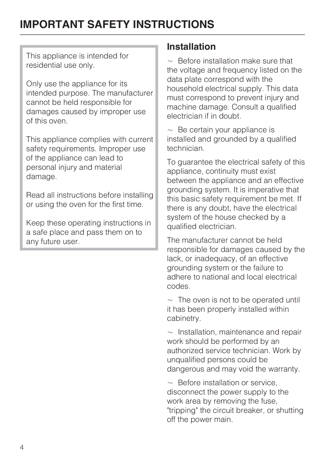 Miele H4780BP installation instructions Important Safety Instructions, Installation 