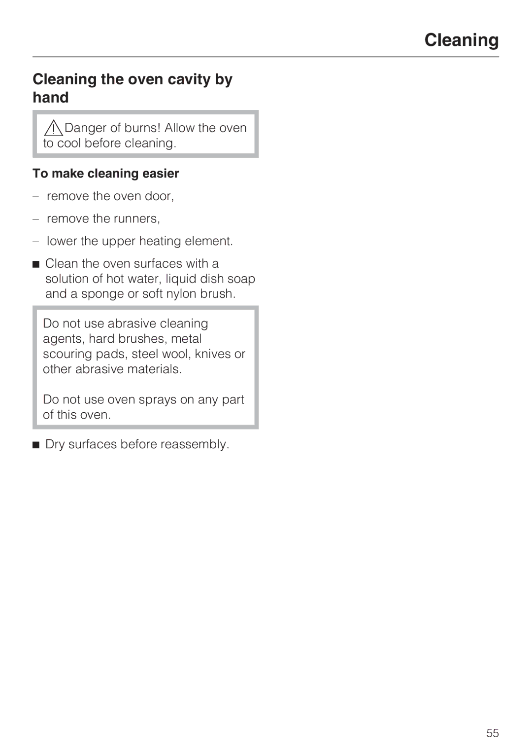 Miele H4780BP installation instructions Cleaning the oven cavity by hand, To make cleaning easier 