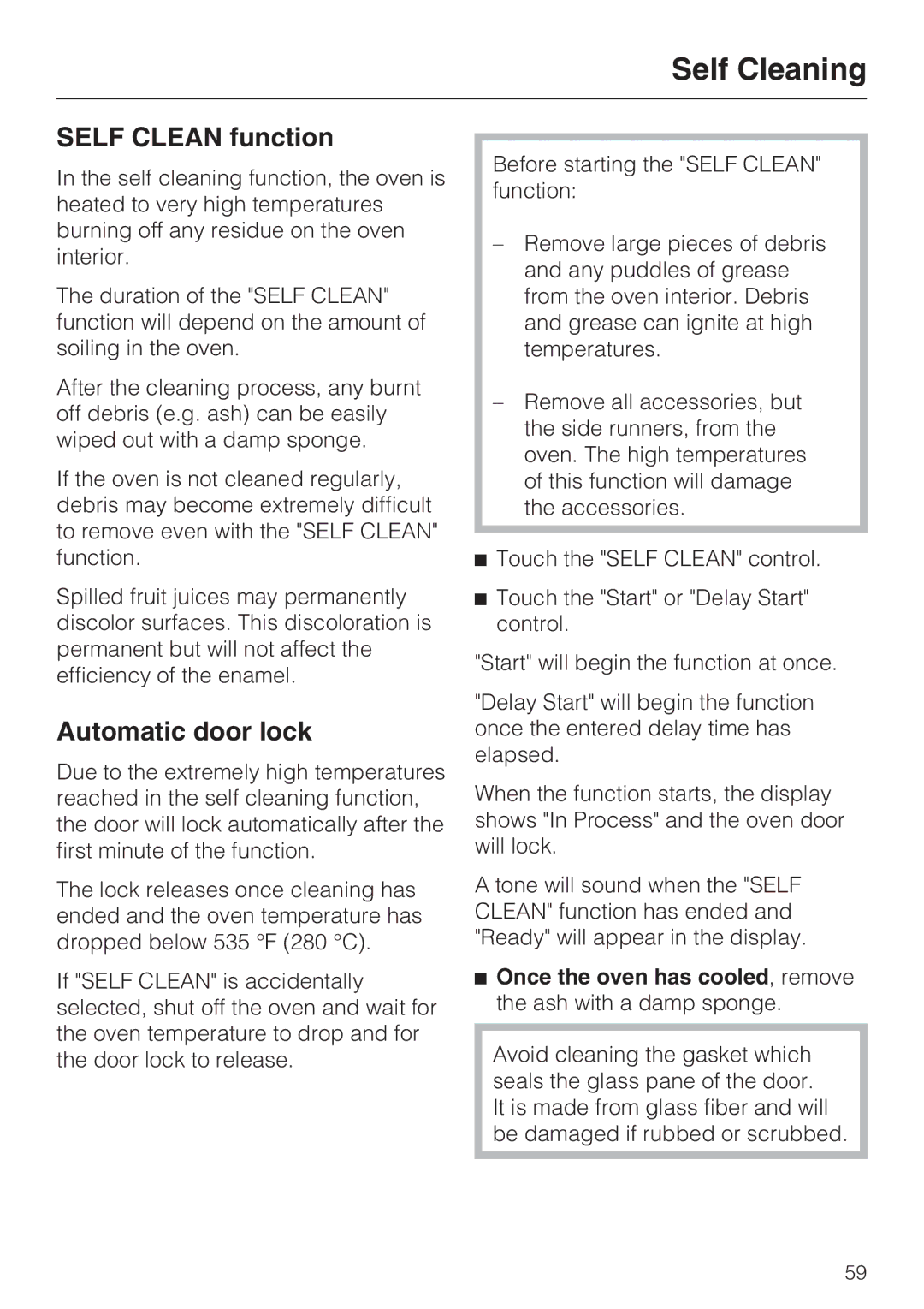 Miele H4780BP installation instructions Self Cleaning, Self Clean function, Automatic door lock 