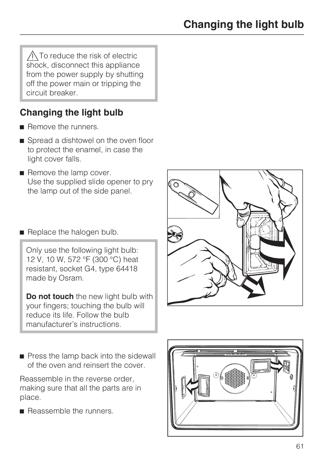 Miele H4780BP installation instructions Changing the light bulb 