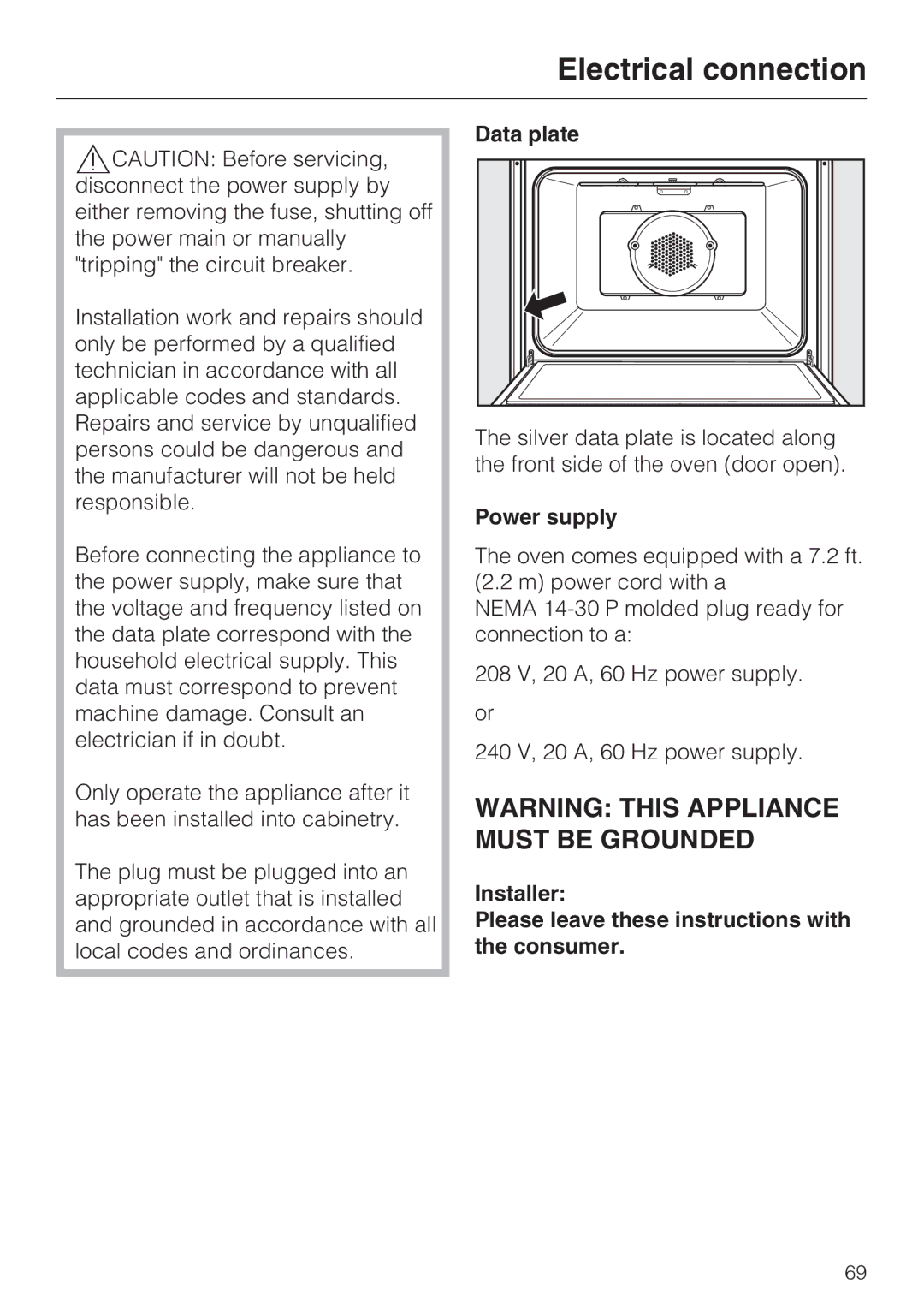 Miele H4780BP Electrical connection, Data plate, Power supply, Installer Please leave these instructions with the consumer 