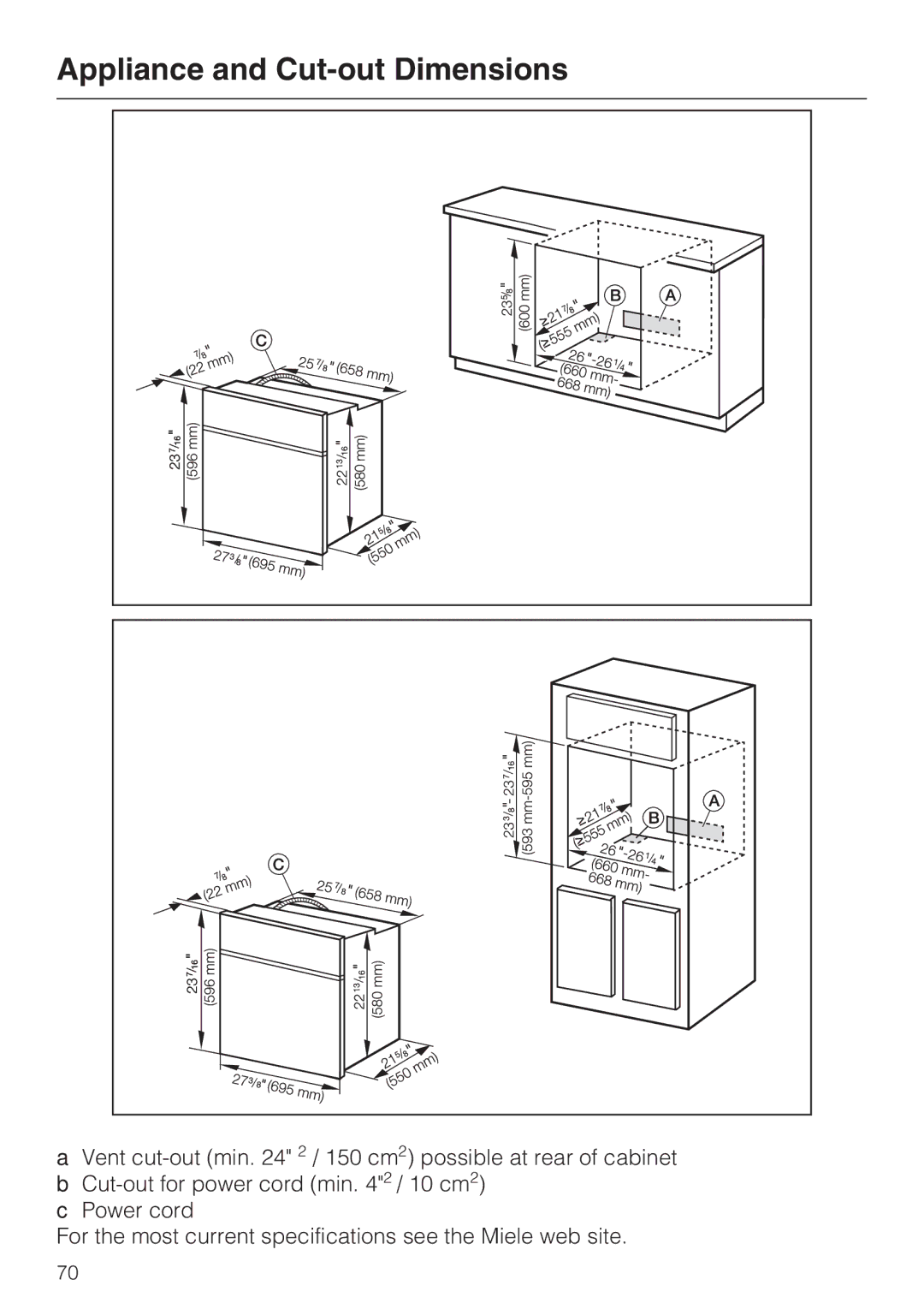 Miele H4780BP installation instructions Appliance and Cut-out Dimensions 