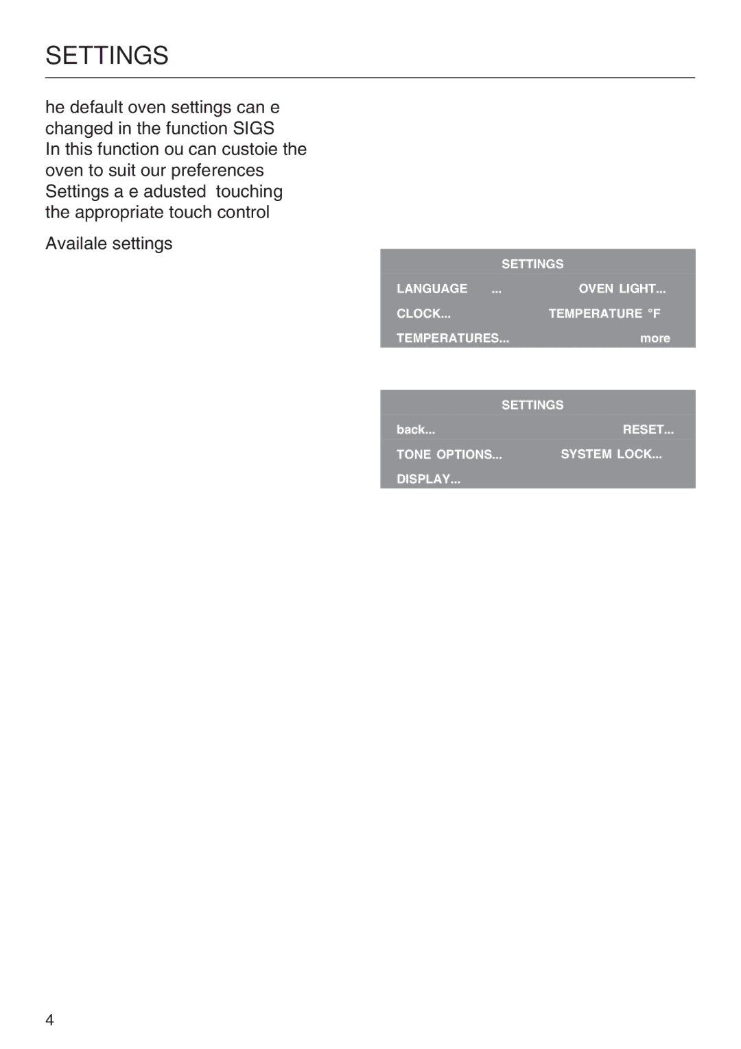 Miele H4782BP installation instructions Settings 