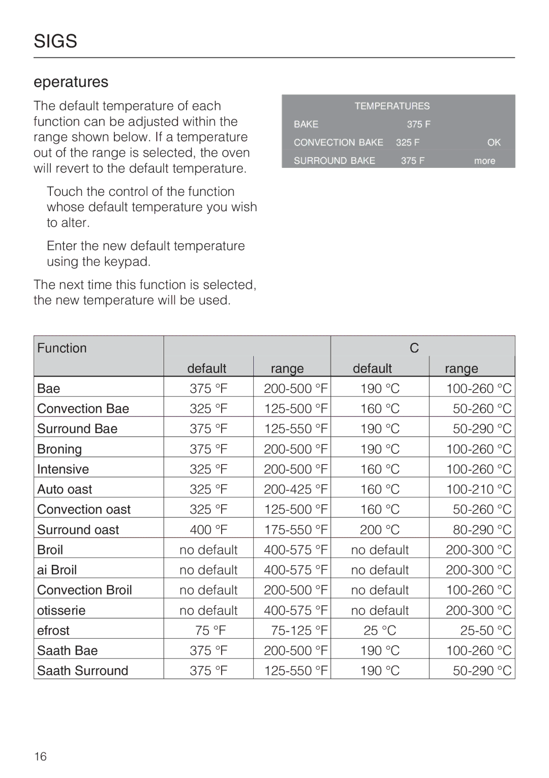 Miele H4782BP installation instructions Temperatures 