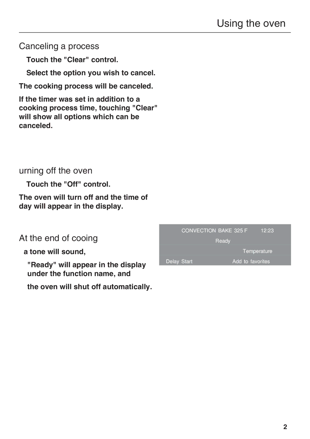 Miele H4782BP installation instructions Canceling a process, Turning off the oven, At the end of cooking 