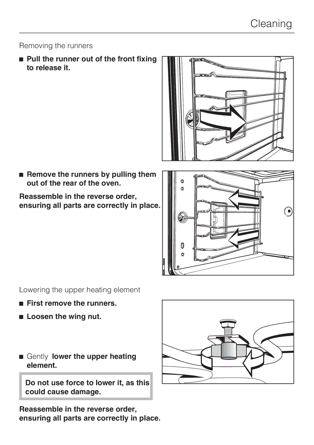 Miele H4782BP installation instructions Removing the runners, Lowering the upper heating element 