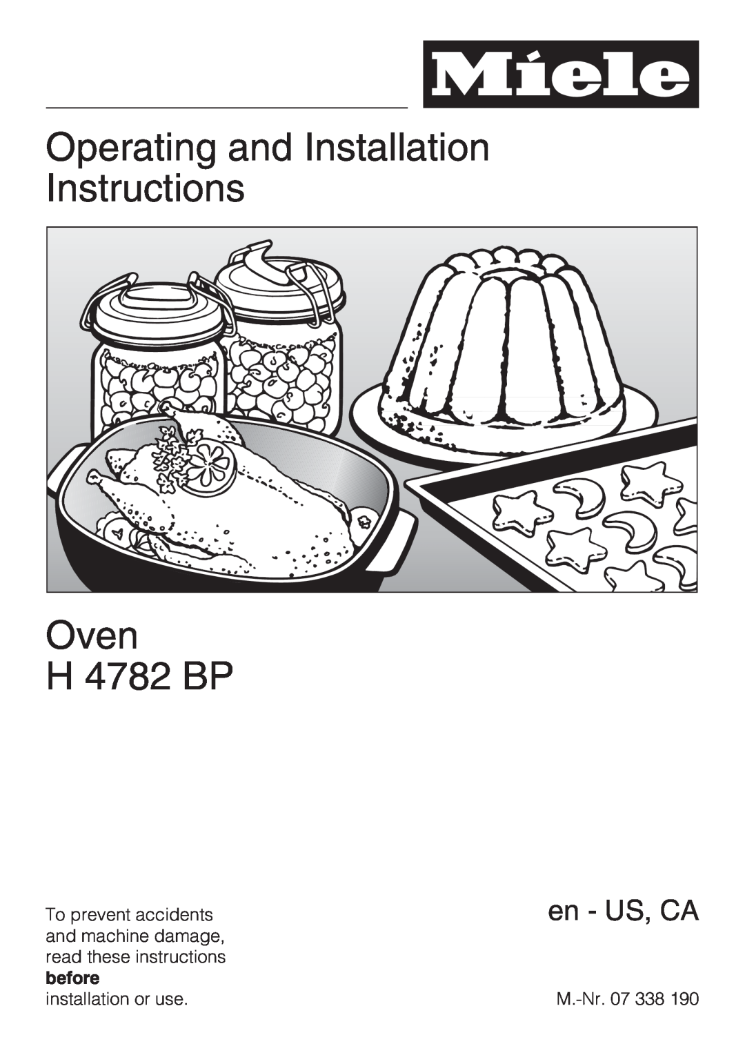 Miele H4782BP installation instructions Operating and Installation Instructions Oven, H 4782 BP, en - US, CA 