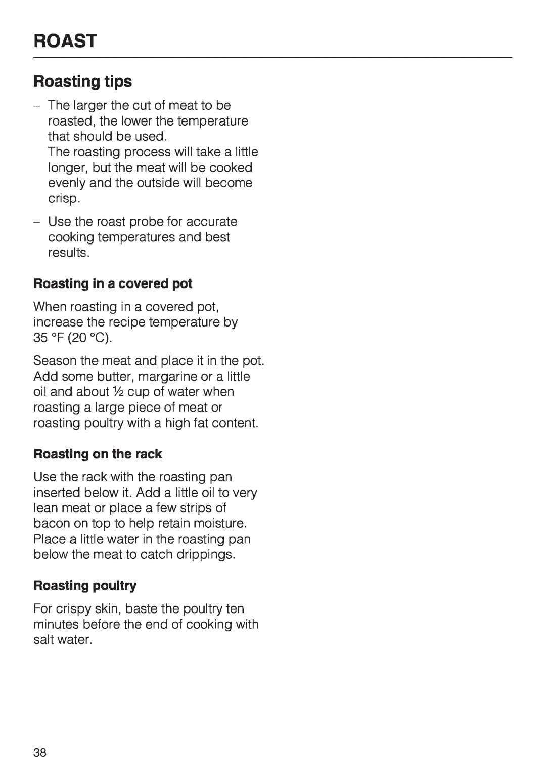 Miele H4782BP installation instructions Roasting tips, Roasting in a covered pot, Roasting on the rack, Roasting poultry 