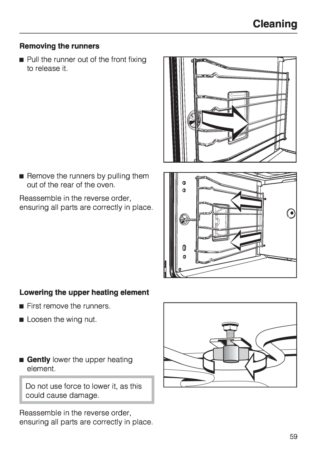 Miele H4782BP installation instructions Cleaning, Removing the runners, Lowering the upper heating element 