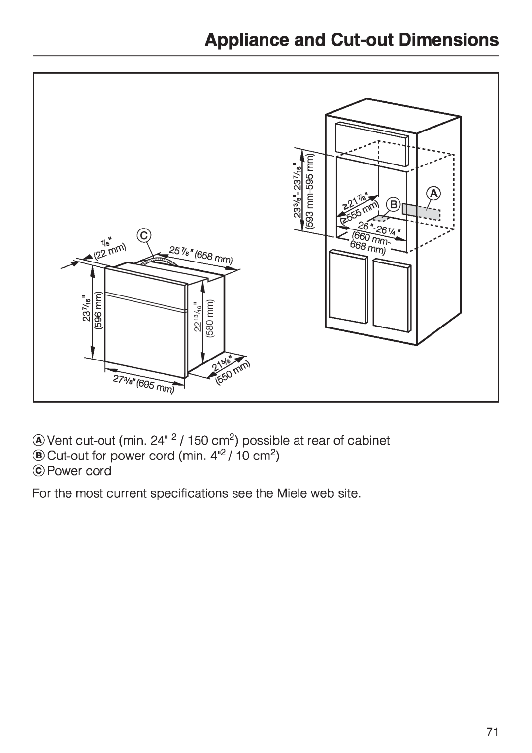 Miele H4782BP installation instructions Appliance and Cut-outDimensions, Cut-outfor power cord min. 42 / 10 cm2 Power cord 