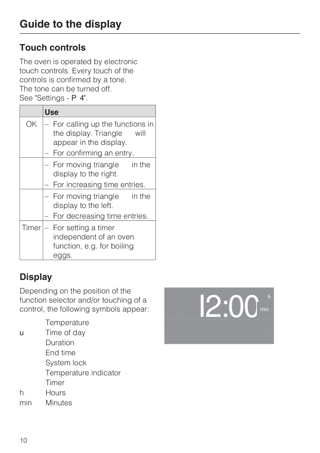 Miele H4842BP installation instructions Touch controls, Display, Use 