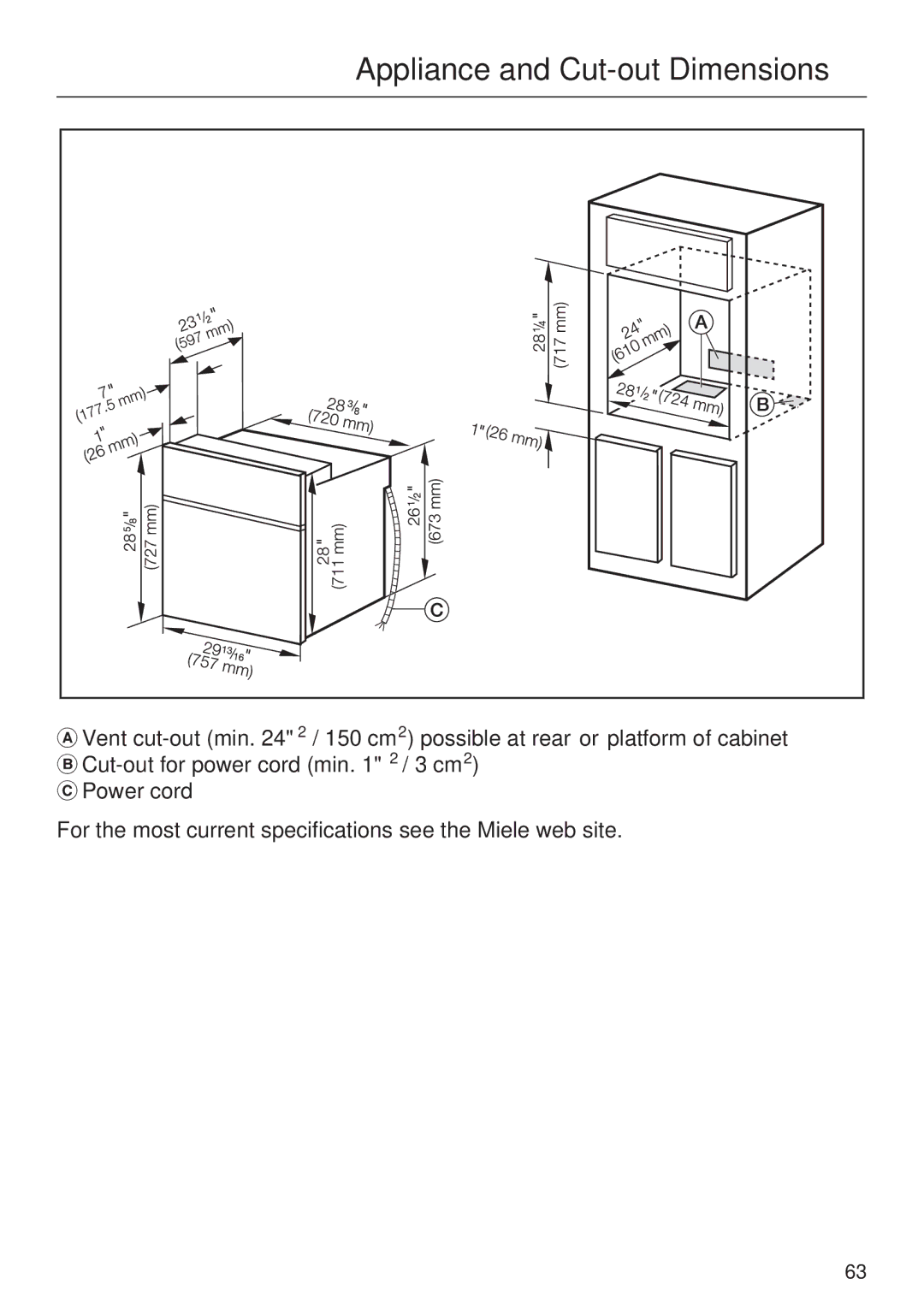 Miele H4842BP installation instructions Appliance and Cut-out Dimensions 