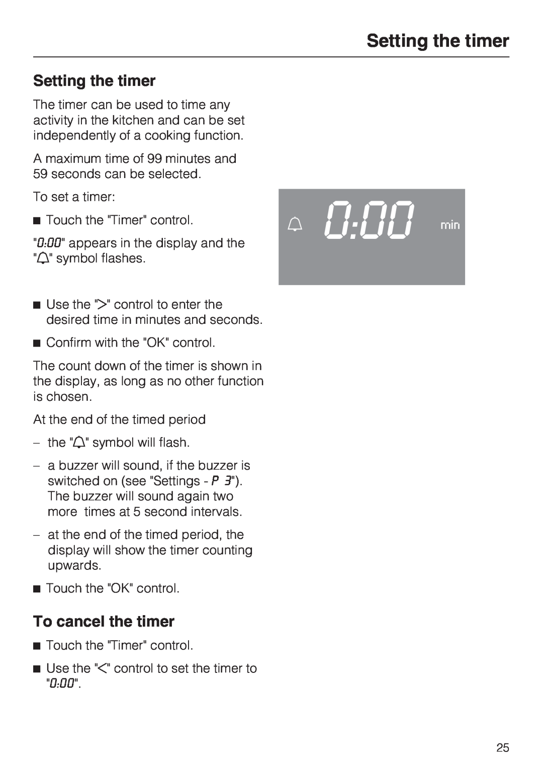 Miele H4842BP installation instructions 0:00 min, Setting the timer, To cancel the timer 