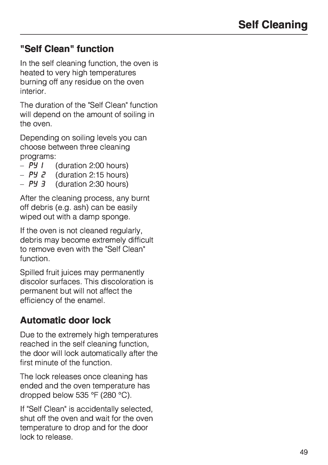 Miele H4842BP installation instructions Self Cleaning, Self Clean function, Automatic door lock 