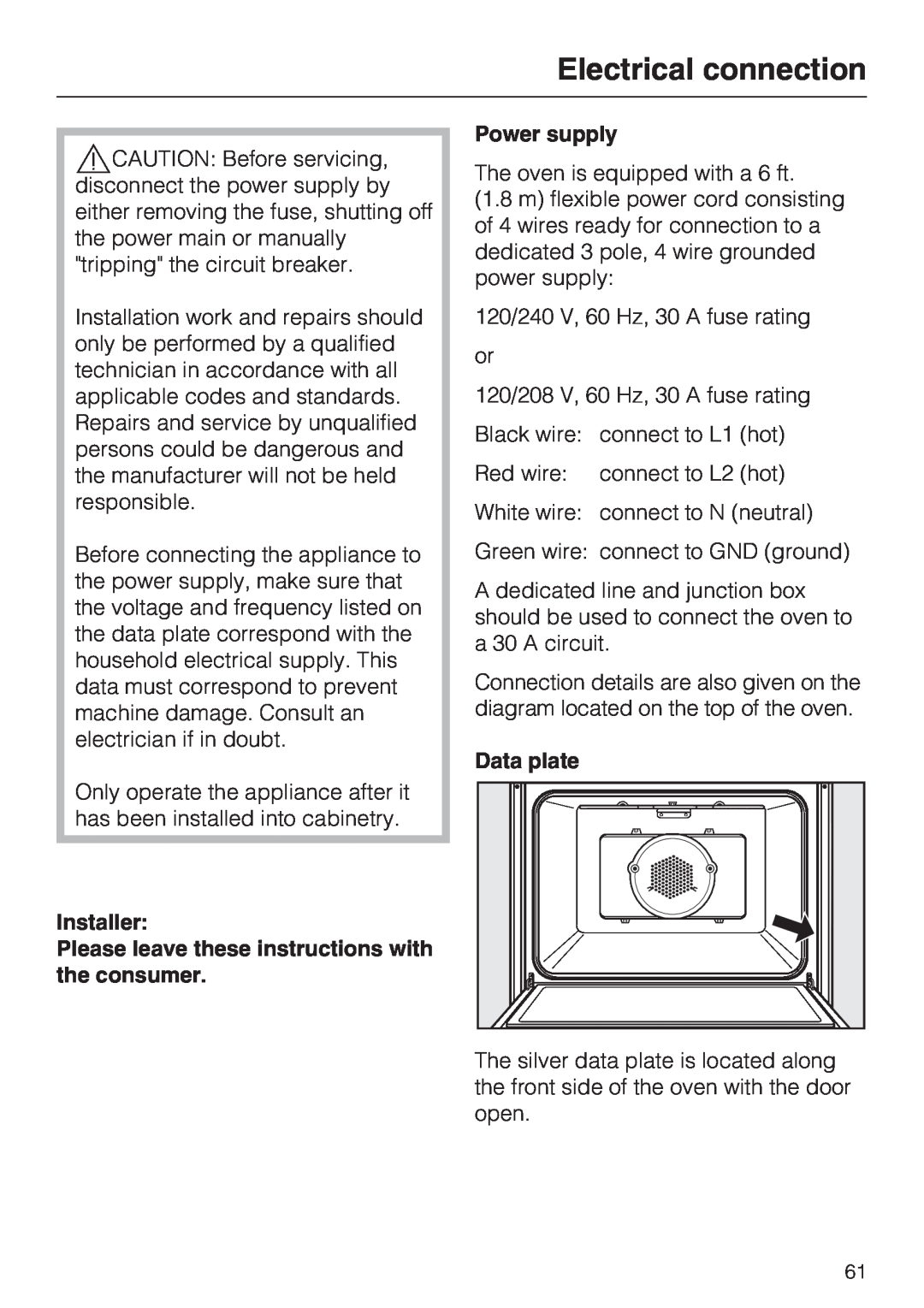 Miele H4842BP Electrical connection, Installer, Please leave these instructions with the consumer, Power supply 