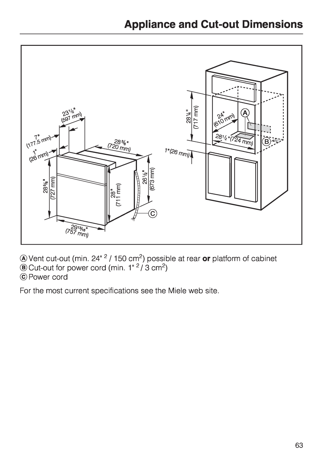 Miele H4842BP installation instructions Appliance and Cut-outDimensions, Cut-outfor power cord min. 1 2 / 3 cm2 Power cord 