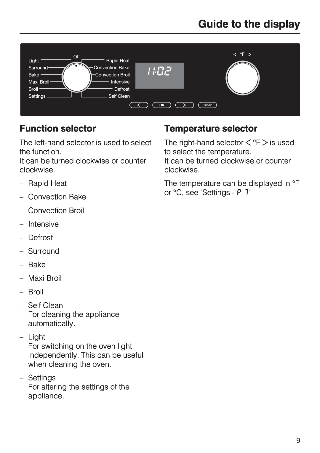 Miele H4842BP installation instructions Guide to the display, Function selector, Temperature selector 