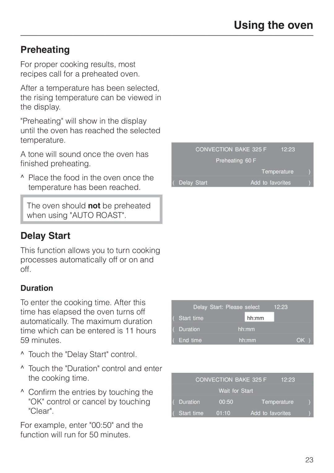 Miele H4880B installation instructions Preheating, Delay Start, Duration 