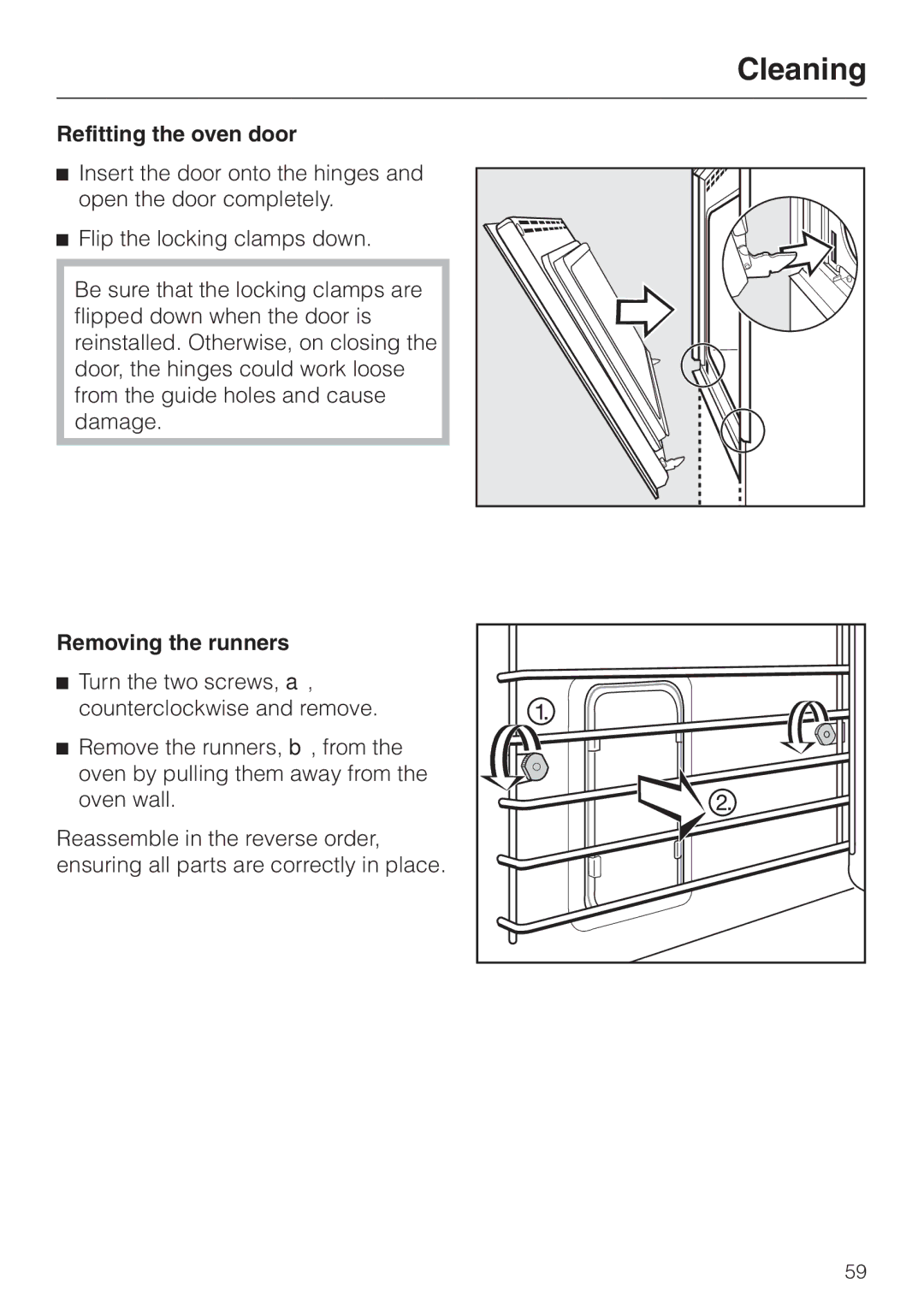 Miele H4880B installation instructions Refitting the oven door, Removing the runners 