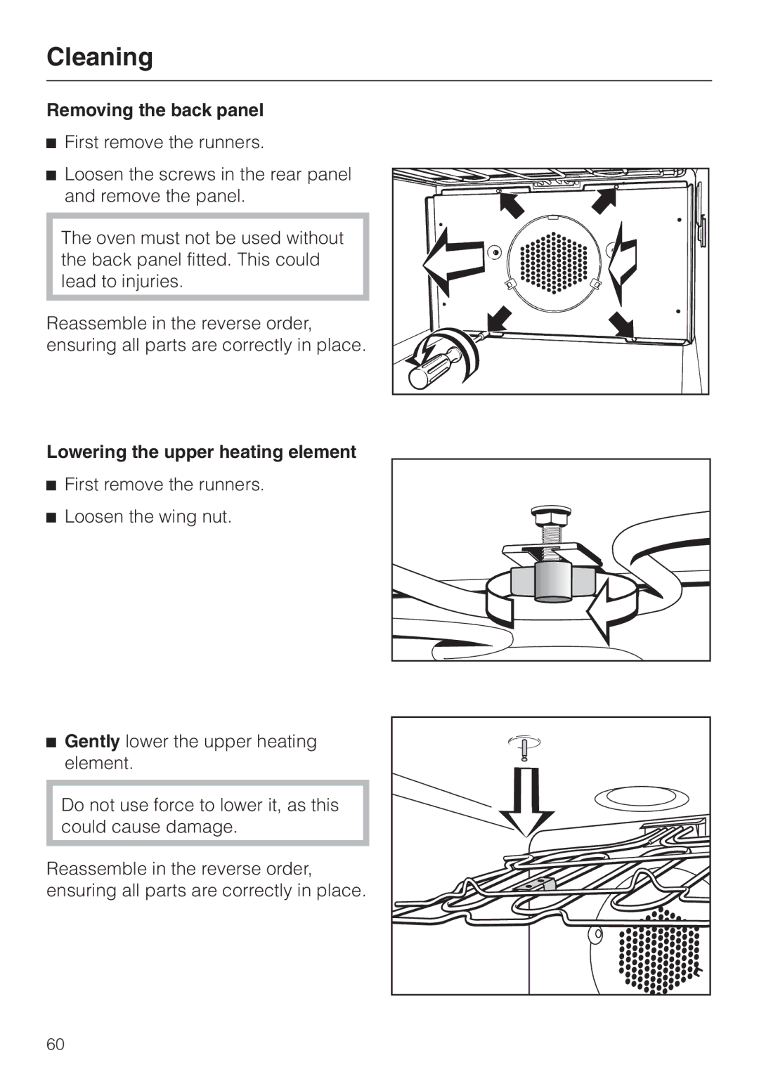Miele H4880B installation instructions Removing the back panel, Lowering the upper heating element 