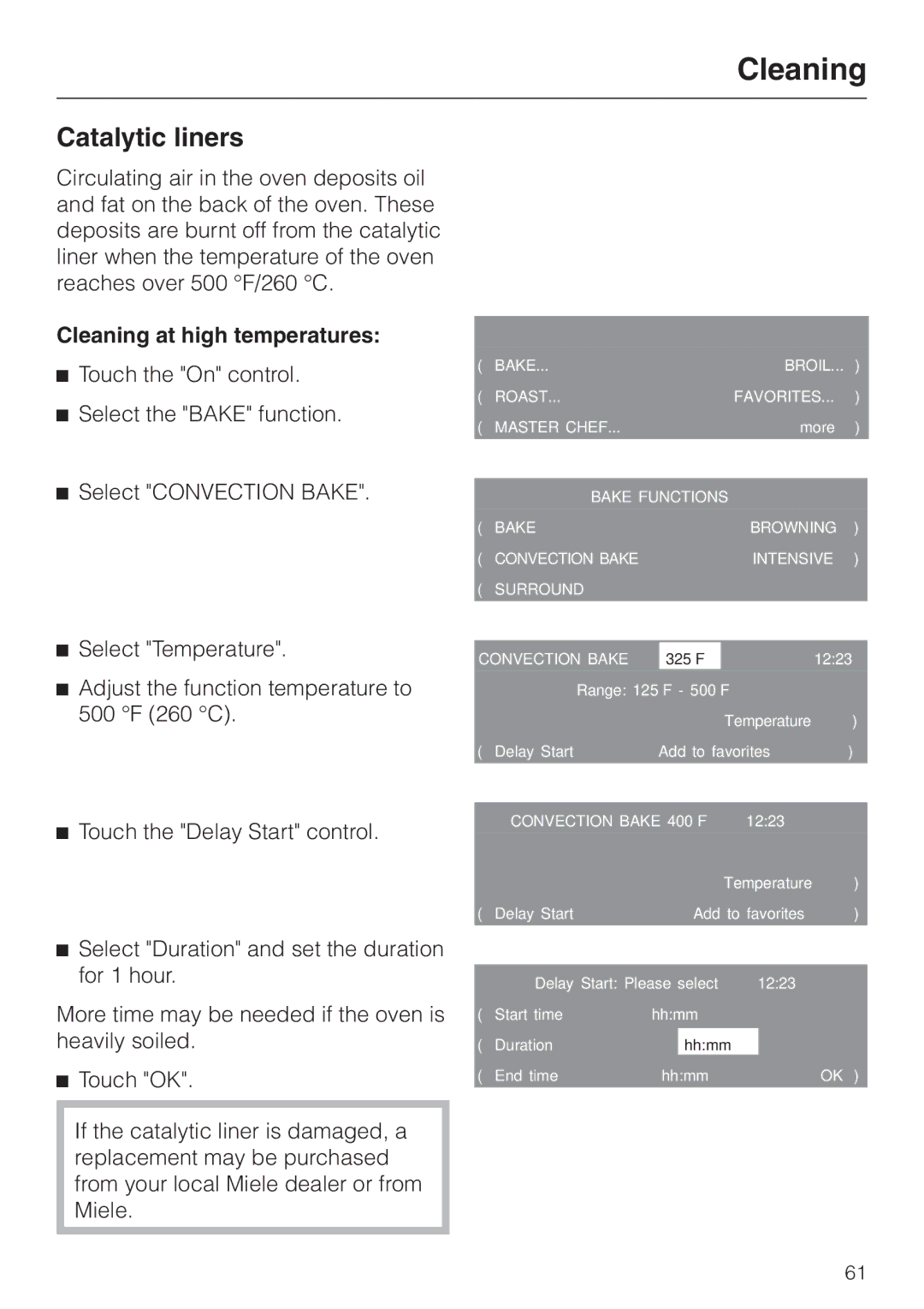 Miele H4880B installation instructions Catalytic liners, Cleaning at high temperatures 