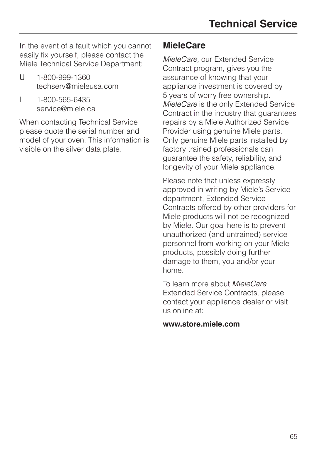 Miele H4880B installation instructions Technical Service, MieleCare 