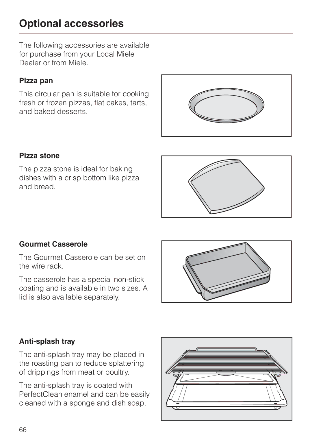 Miele H4880B installation instructions Optional accessories, Pizza pan, Pizza stone, Gourmet Casserole, Anti-splash tray 