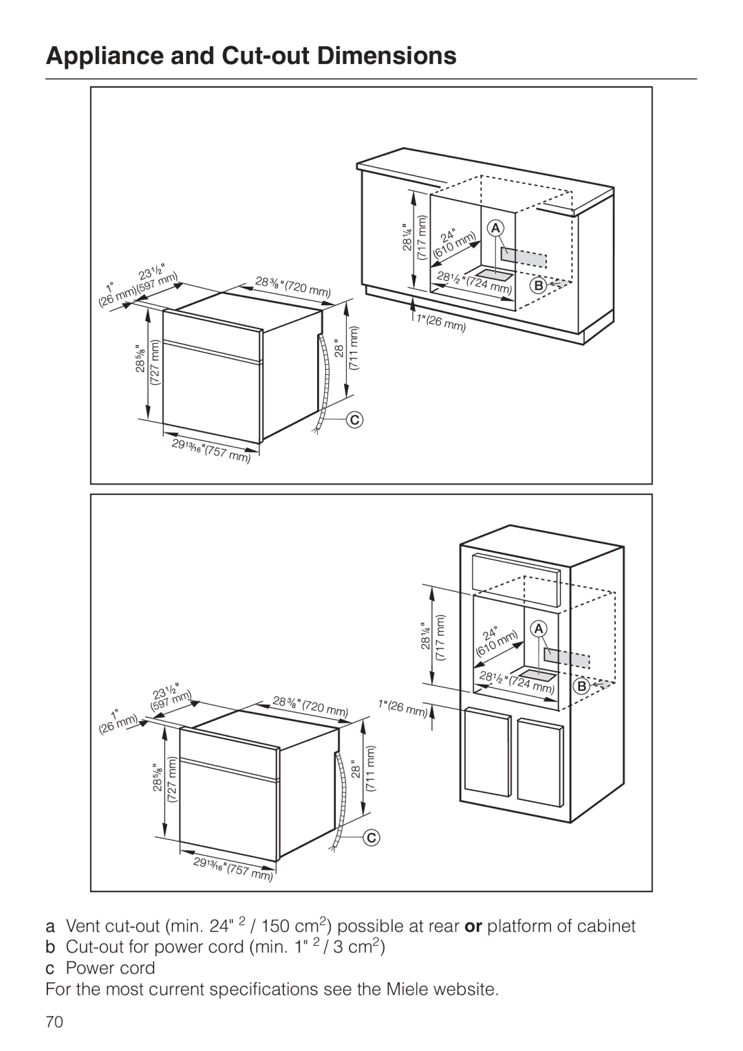 Miele H4880B installation instructions Appliance and Cut-out Dimensions 