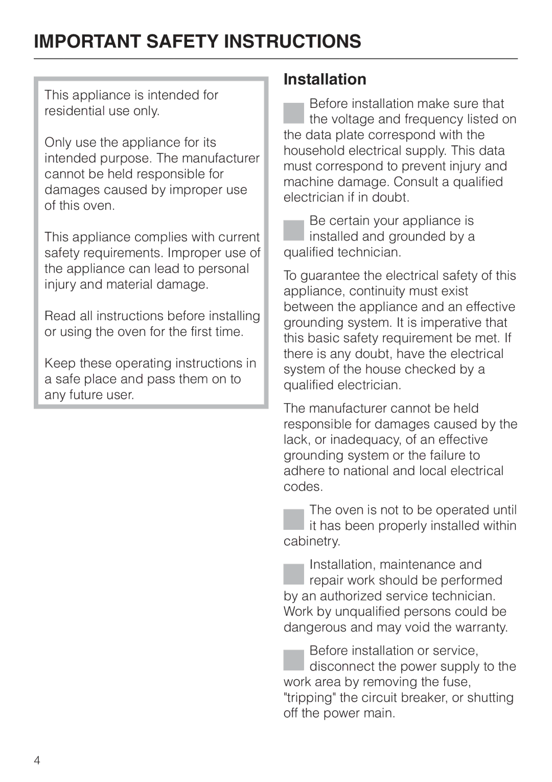 Miele H4880BP installation instructions Important Safety Instructions, Installation 