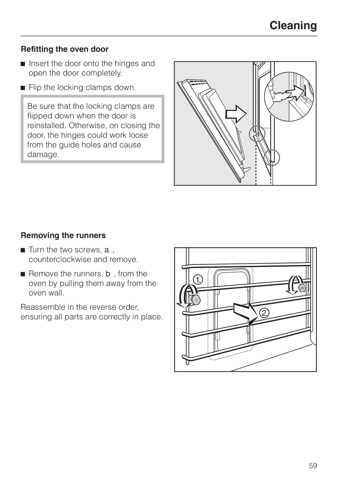 Miele H4880BP installation instructions Refitting the oven door, Removing the runners 