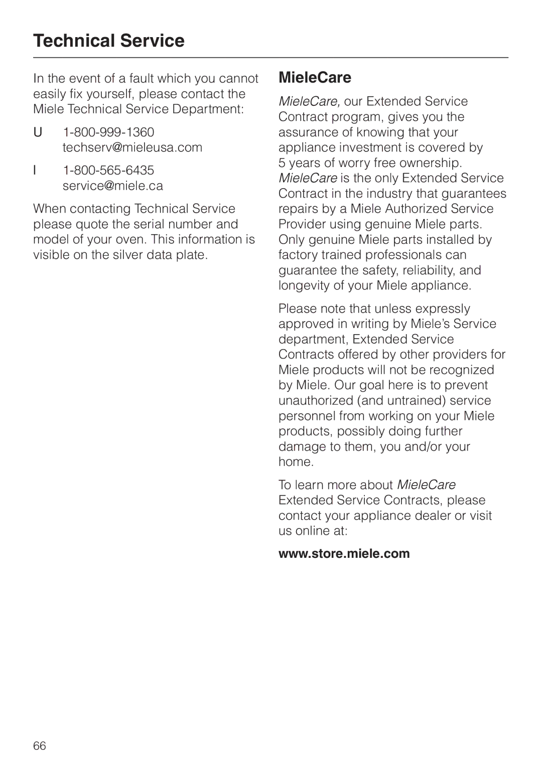 Miele H4880BP installation instructions Technical Service, MieleCare 