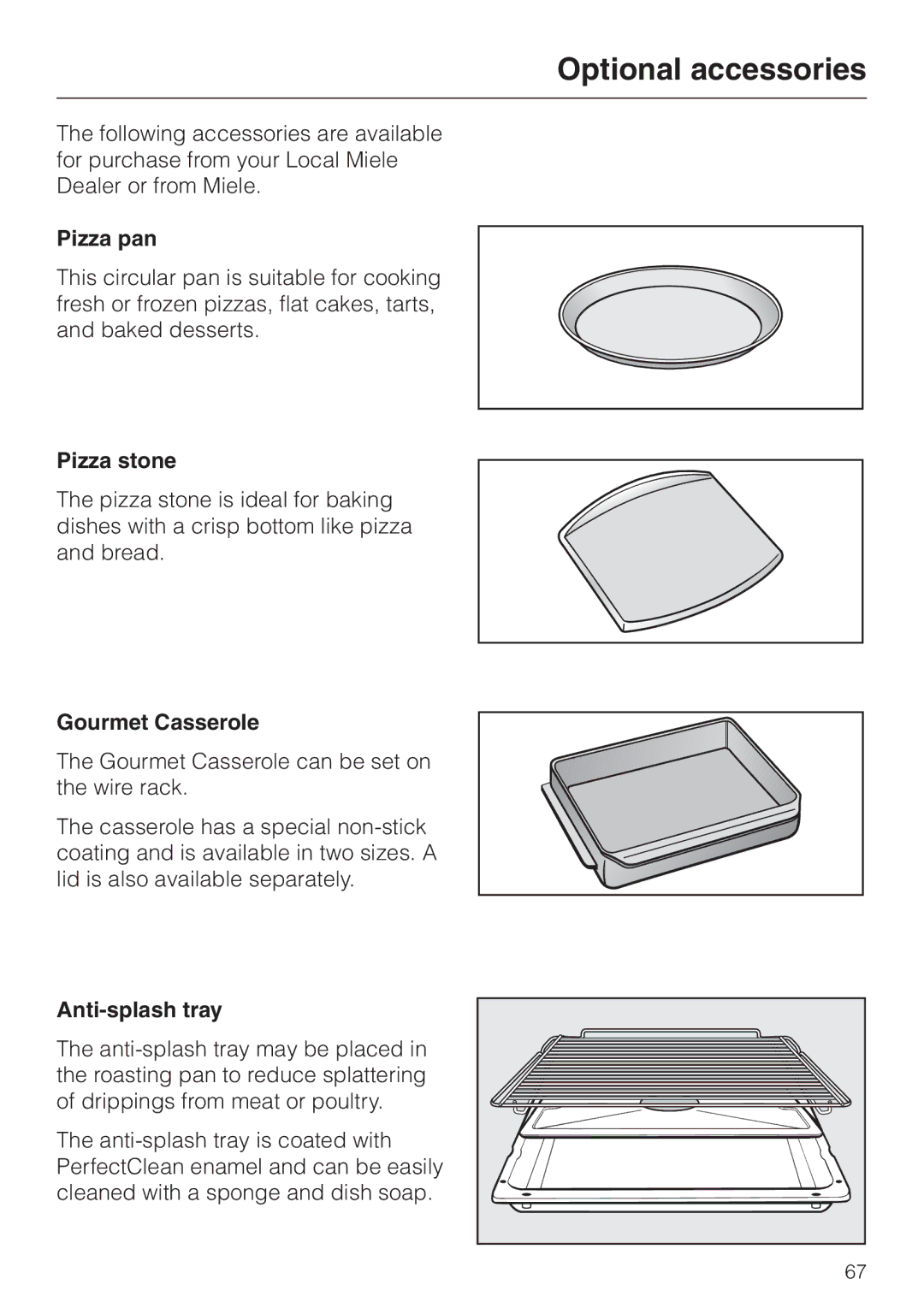 Miele H4880BP installation instructions Optional accessories, Pizza pan, Pizza stone, Gourmet Casserole, Anti-splash tray 