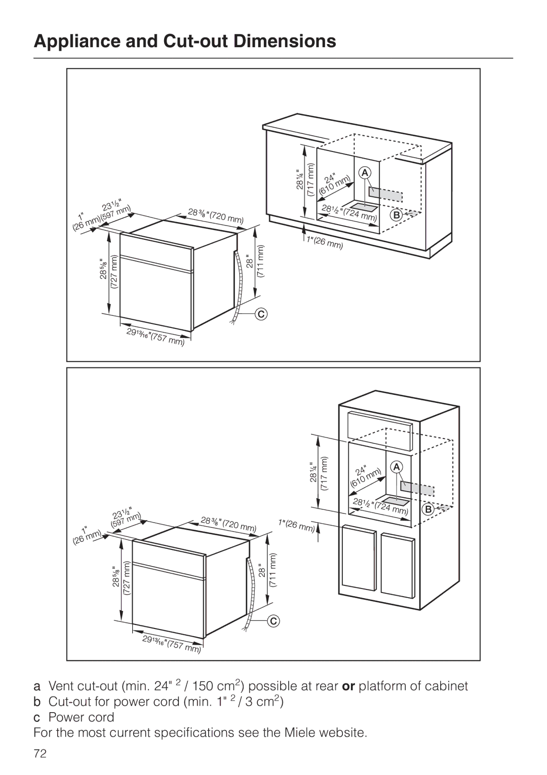 Miele H4880BP installation instructions Appliance and Cut-out Dimensions 