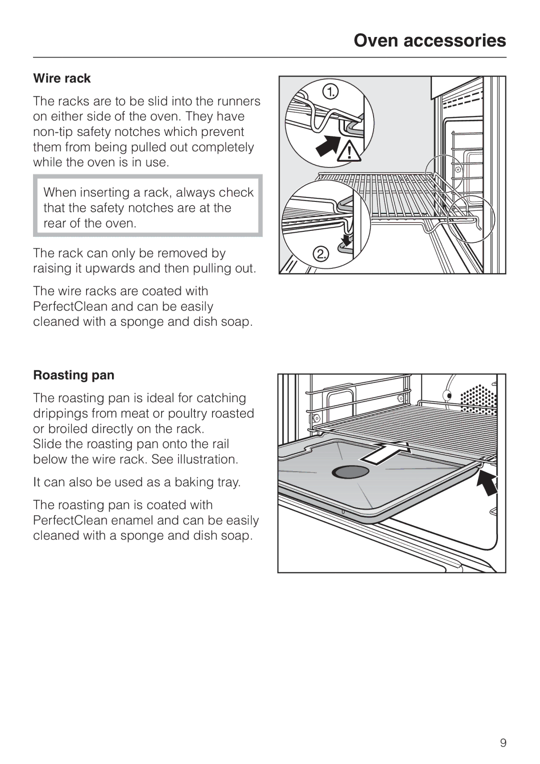 Miele H4880BP installation instructions Oven accessories, Wire rack, Roasting pan 