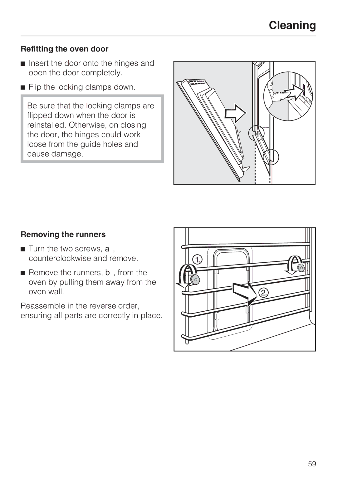 Miele H4881B installation instructions Refitting the oven door, Removing the runners 