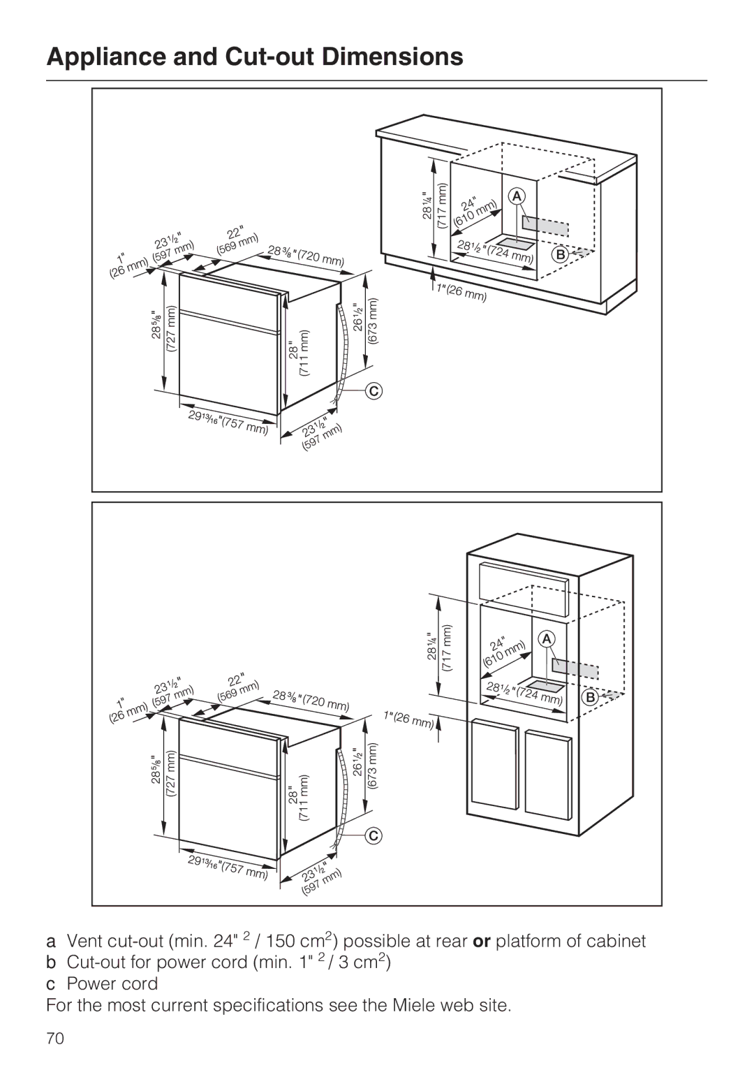 Miele H4881B installation instructions Appliance and Cut-out Dimensions 