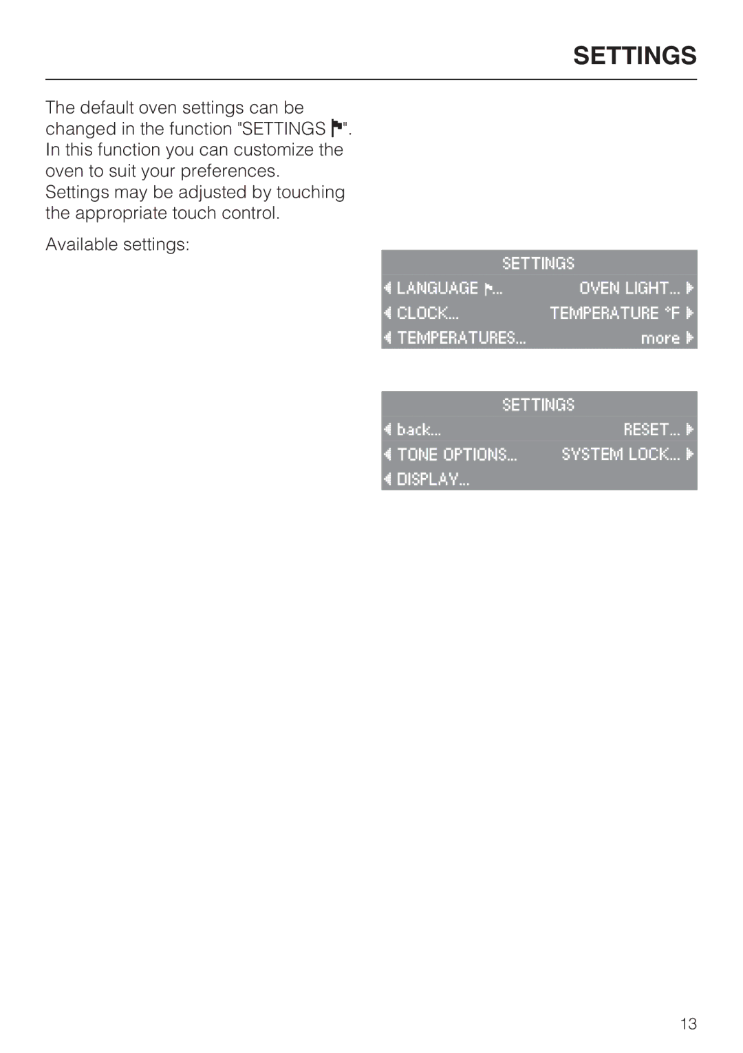 Miele H4881BP installation instructions Settings 