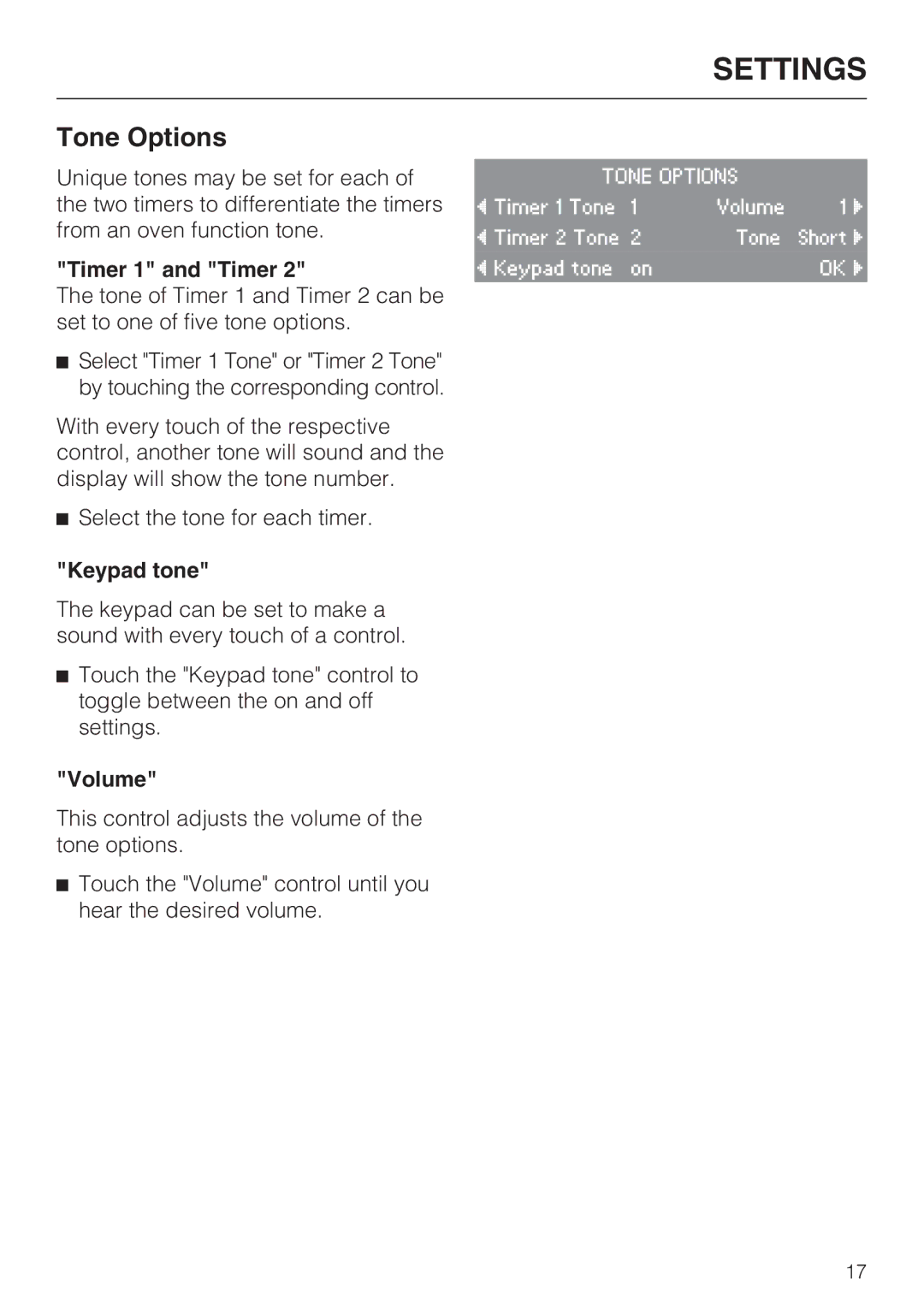 Miele H4881BP installation instructions Tone Options, Timer 1 and Timer, Keypad tone, Volume 