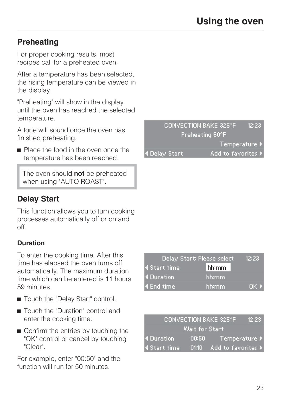 Miele H4881BP installation instructions Preheating, Delay Start, Duration 